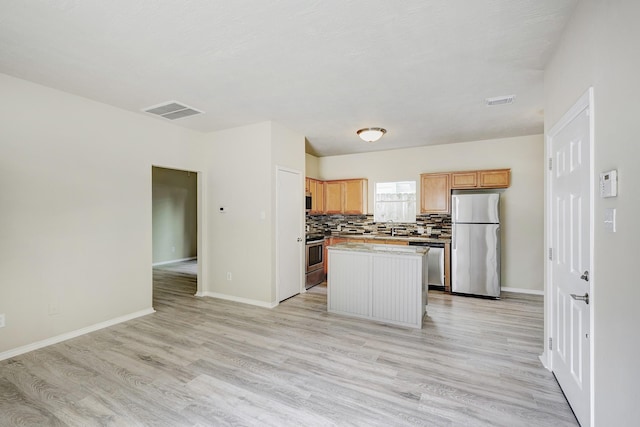 2802 Austin St, Houston, TX 77004 - kitchen featuring appliances with stainless steel finishes, a sink, a kitchen island, backsplash, and light wood finished floors