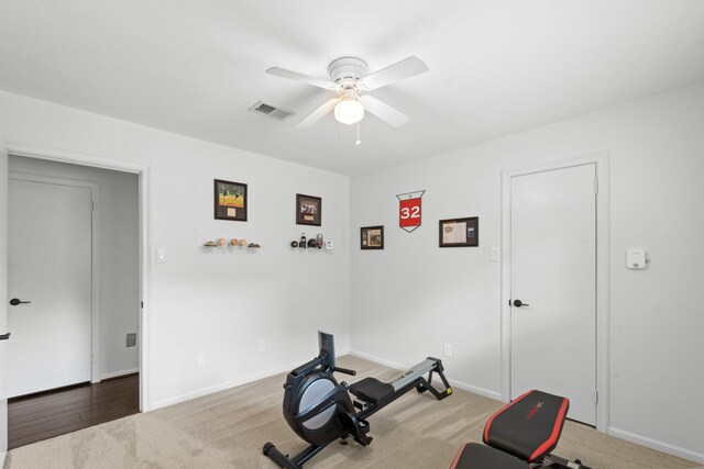 5918 Donwhite Ln, Houston, TX 77088 - workout area with a ceiling fan, carpet floors, and baseboards