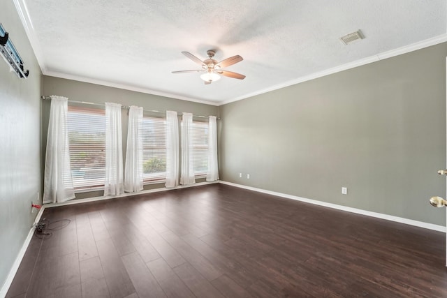 2422 Acadiana Ln, Seabrook, TX 77586 - unfurnished room with a ceiling fan, a textured ceiling, dark wood-style flooring, baseboards, and crown molding