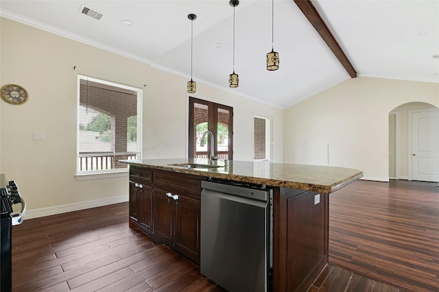 kitchen featuring stainless steel dishwasher, a sink, arched walkways, dark wood finished floors, and baseboards