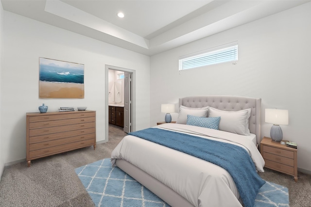 46 Dipping Ln, Houston, TX 77076 - bedroom with carpet floors, ensuite bath, baseboards, recessed lighting, and a raised ceiling