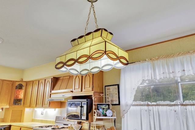 204 Rd 2764, Rye, TX 77327 - kitchen with white gas stove, under cabinet range hood, refrigerator, and light countertops