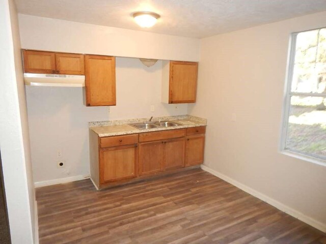 10110 Rosehaven Dr, Houston, TX 77051 - kitchen featuring under cabinet range hood, a sink, brown cabinetry, and dark wood finished floors