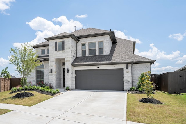 7507 Zion Grove Ct, Katy, TX 77493 - view of front facade featuring concrete driveway, a shingled roof, an attached garage, stone siding, and brick siding