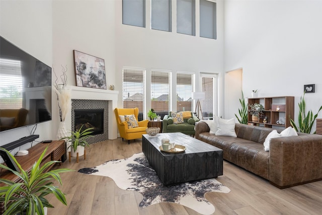 7507 Zion Grove Ct, Katy, TX 77493 - living room featuring a tile fireplace, plenty of natural light, light wood finished floors, and a towering ceiling