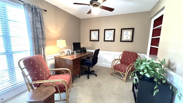 5407 Westminister Ct, Houston, TX 77069 - carpeted office space featuring a ceiling fan, healthy amount of natural light, wainscoting, and a decorative wall