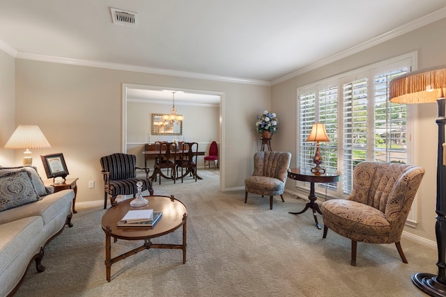 5407 Westminister Ct, Houston, TX 77069 - sitting room featuring ornamental molding, carpet, a chandelier, and baseboards