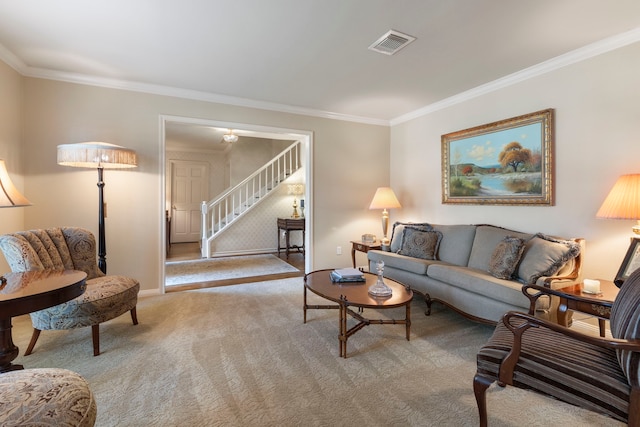 5407 Westminister Ct, Houston, TX 77069 - living area with carpet, crown molding, stairs, and baseboards