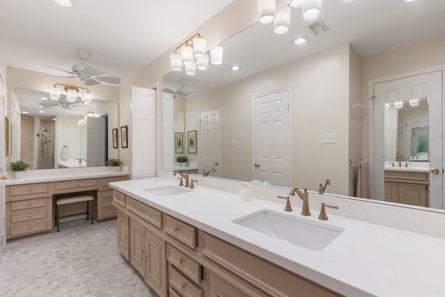 5407 Westminister Ct, Houston, TX 77069 - full bathroom with a ceiling fan, double vanity, and recessed lighting