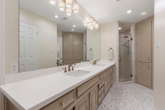 5407 Westminister Ct, Houston, TX 77069 - bathroom with a stall shower, double vanity, and recessed lighting