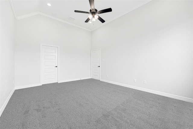 117 Big Spring Dr, Anahuac, TX 77514 - empty room featuring ceiling fan, ornamental molding, high vaulted ceiling, baseboards, and dark carpet