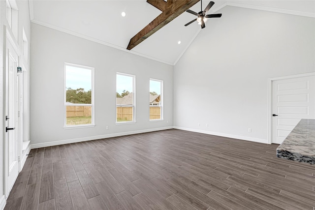 117 Big Spring Dr, Anahuac, TX 77514 - unfurnished living room with beam ceiling, high vaulted ceiling, ceiling fan, dark wood-style floors, and baseboards