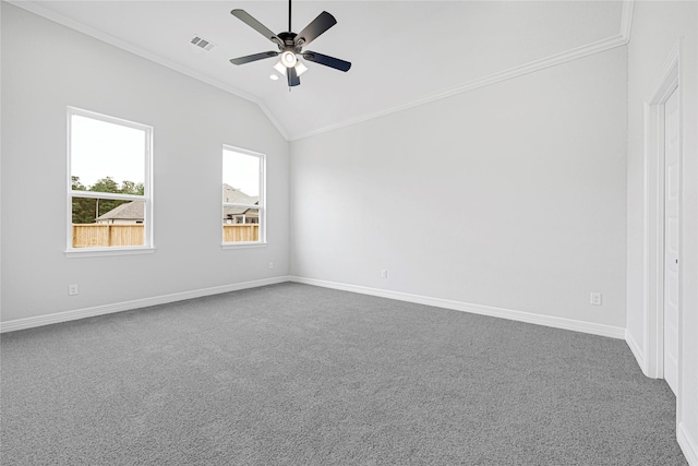 117 Big Spring Dr, Anahuac, TX 77514 - carpeted empty room with ornamental molding, lofted ceiling, ceiling fan, and baseboards