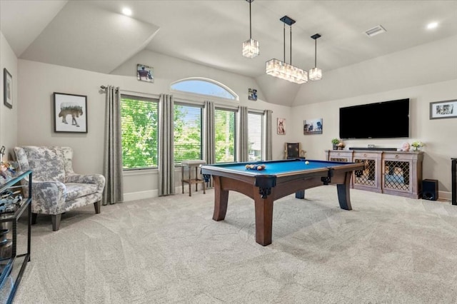 recreation room with lofted ceiling, carpet, baseboards, pool table, and recessed lighting