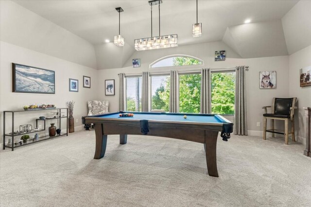 game room with pool table, vaulted ceiling, carpet, and baseboards