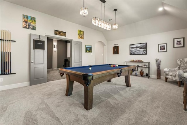 game room with carpet flooring, arched walkways, lofted ceiling, baseboards, and pool table