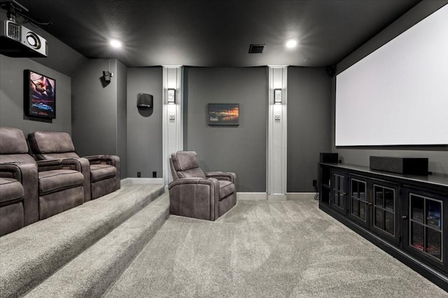 home theater room with carpet floors, decorative columns, baseboards, and recessed lighting