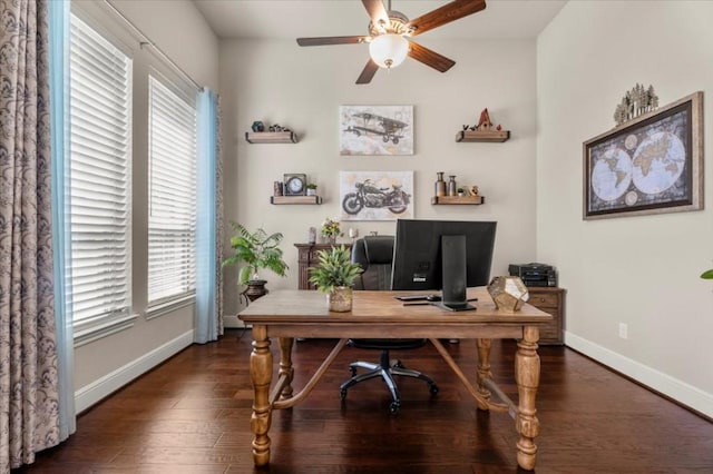 office space with ceiling fan, baseboards, and wood finished floors