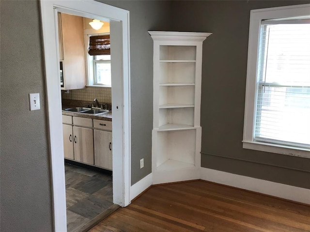 unfurnished dining area with a sink, dark wood-style flooring, and baseboards