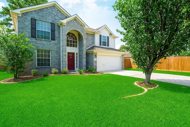11606 Curry Ridge Ln, Tomball, TX 77377 - traditional-style house with concrete driveway, an attached garage, and stone siding