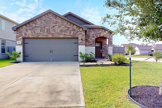 19015 Buckley Oak Dr, New Caney, TX 77357 - view of front of house featuring brick siding, a front lawn, concrete driveway, a garage, and board and batten siding