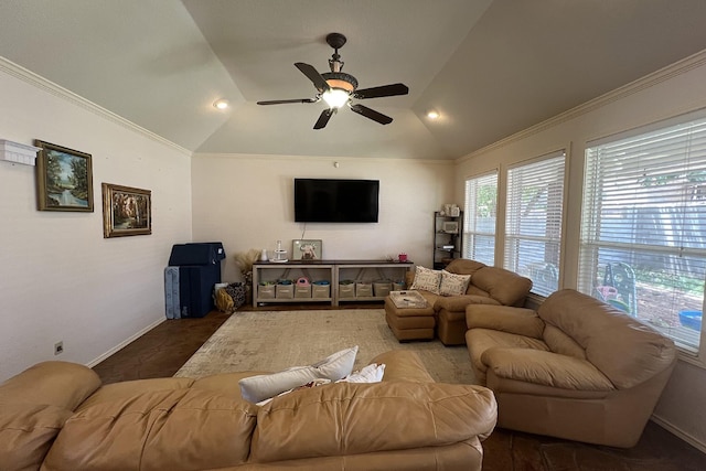 living room featuring lofted ceiling, a ceiling fan, ornamental molding, baseboards, and recessed lighting