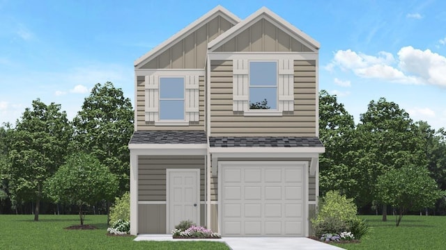 16602 Bobal Path, Houston, TX 77090 - view of front facade with board and batten siding, an attached garage, driveway, and a front lawn