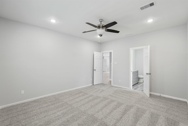 237 Camden Hills Dr, Montgomery, TX 77356 - unfurnished bedroom featuring baseboards, light carpet, recessed lighting, ensuite bathroom, and ceiling fan