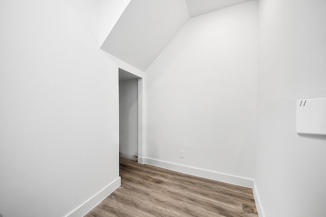 additional living space with baseboards, wood finished floors, and lofted ceiling