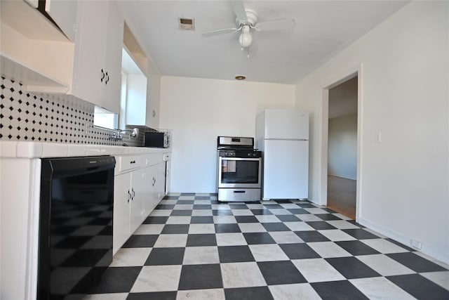 kitchen with stainless steel appliances, beverage cooler, white cabinetry, a ceiling fan, and light countertops