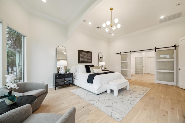 22 Berenger Pl, Sugar Land, TX 77479 - bedroom featuring a barn door, light wood-style flooring, a chandelier, ornamental molding, and recessed lighting
