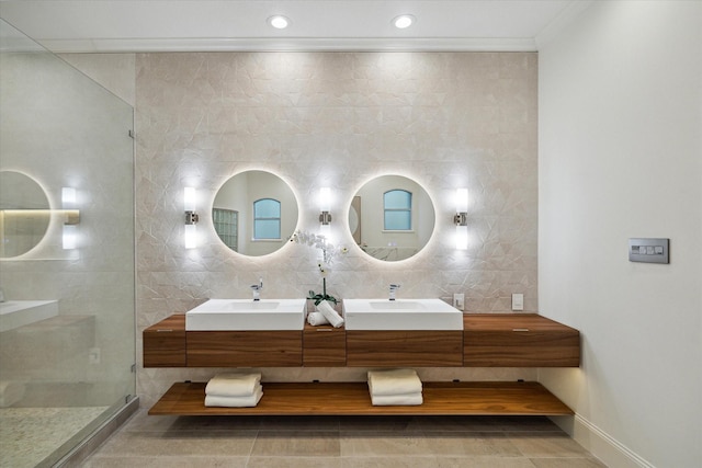 22 Berenger Pl, Sugar Land, TX 77479 - bathroom featuring a shower stall, baseboards, double vanity, recessed lighting, and backsplash
