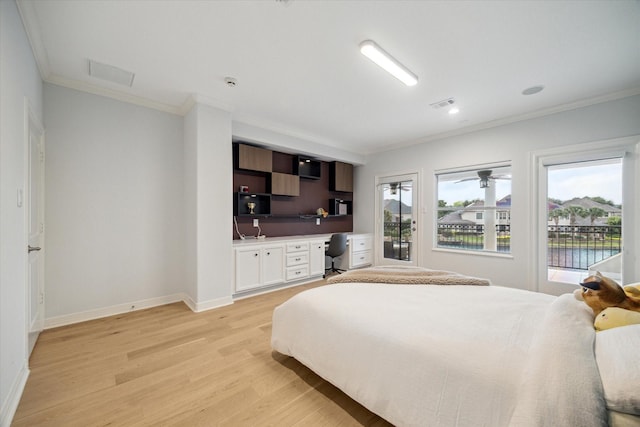 22 Berenger Pl, Sugar Land, TX 77479 - bedroom with light wood-style flooring, crown molding, access to exterior, and baseboards