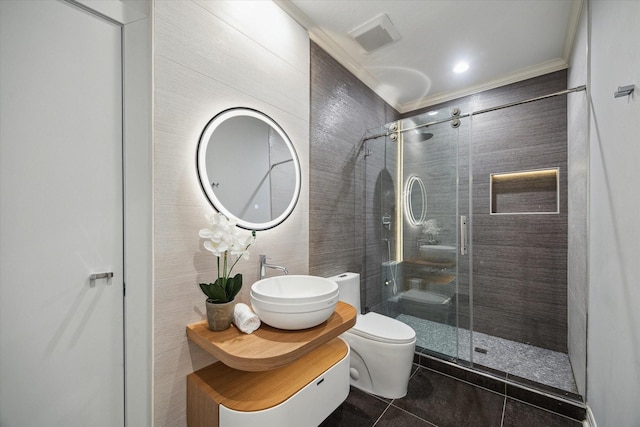 22 Berenger Pl, Sugar Land, TX 77479 - full bath with ornamental molding, tile patterned floors, a shower stall, toilet, and vanity