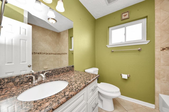 full bath with tile patterned flooring, toilet, vanity, and baseboards