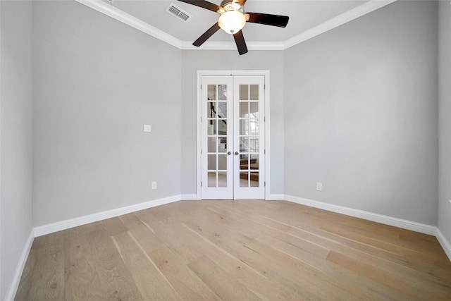 18323 Parkview Point Dr, Houston, TX 77094 - empty room with french doors, light wood finished floors, crown molding, a ceiling fan, and baseboards