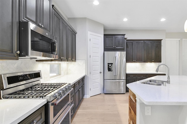 18323 Parkview Point Dr, Houston, TX 77094 - kitchen featuring stainless steel appliances, a sink, light wood-type flooring, recessed lighting, and decorative backsplash