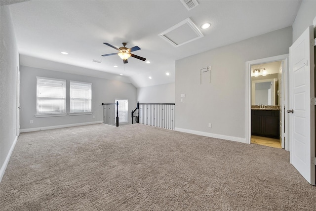 18323 Parkview Point Dr, Houston, TX 77094 - bonus room featuring light colored carpet, a ceiling fan, attic access, and recessed lighting