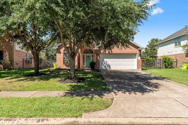 view of property hidden behind natural elements with a garage, driveway, and brick siding
