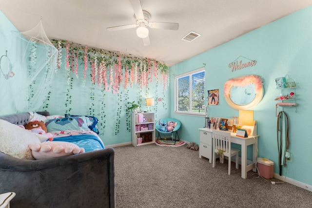 bedroom featuring carpet floors, a ceiling fan, and baseboards