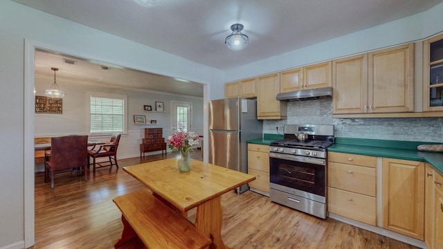129 County Road 2063, Hull, TX 77564 - kitchen with stainless steel appliances, light brown cabinets, under cabinet range hood, dark countertops, and backsplash