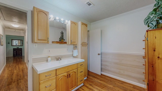 129 County Road 2063, Hull, TX 77564 - bathroom with wood finished floors, ornamental molding, vanity, and a textured ceiling