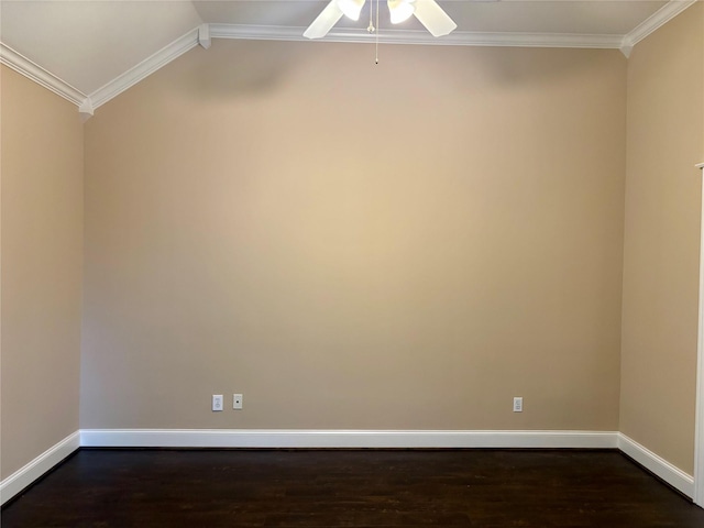 empty room featuring dark wood finished floors, crown molding, a ceiling fan, baseboards, and lofted ceiling
