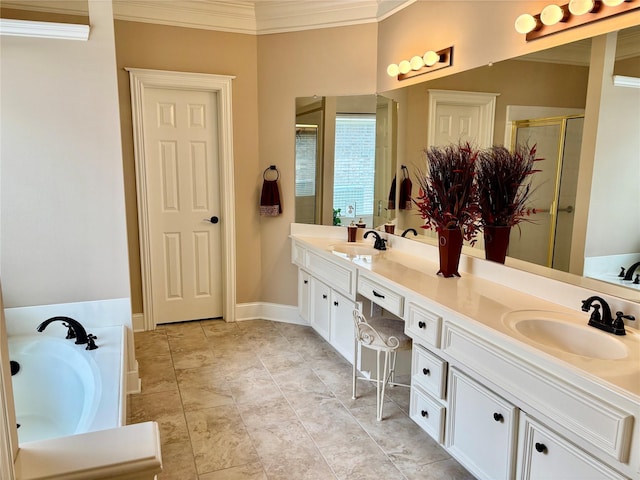 bathroom featuring crown molding, a shower stall, a bath, and double vanity