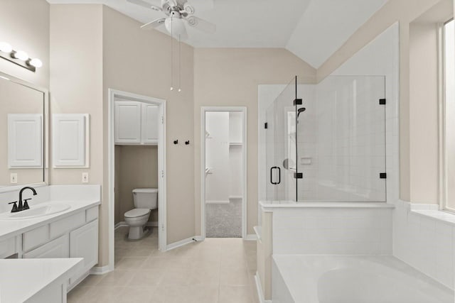 full bathroom featuring lofted ceiling, a shower stall, tile patterned floors, ceiling fan, and a bath