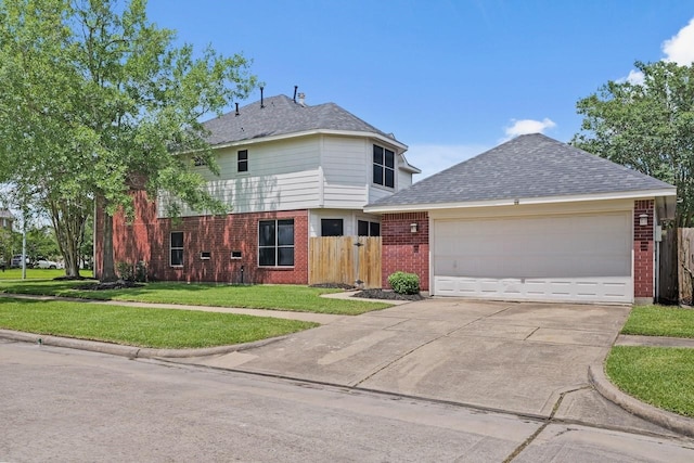 view of front facade featuring brick siding, concrete driveway, a garage, and roof with shingles
