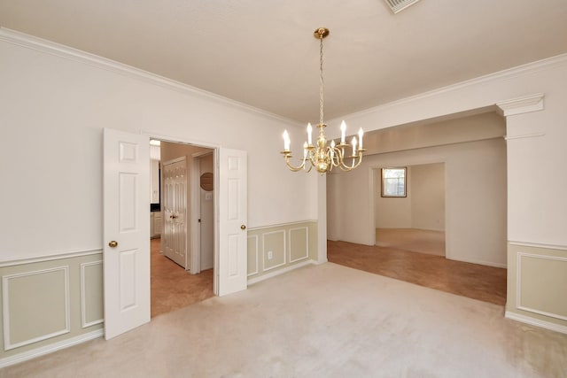 1119 Summer Brk, Sugar Land, TX 77479 - carpeted empty room featuring a chandelier, crown molding, a decorative wall, and a wainscoted wall