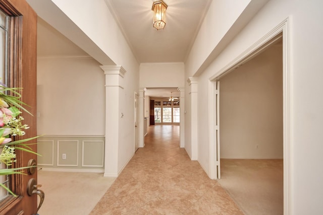 1119 Summer Brk, Sugar Land, TX 77479 - hall featuring decorative columns, light colored carpet, and crown molding