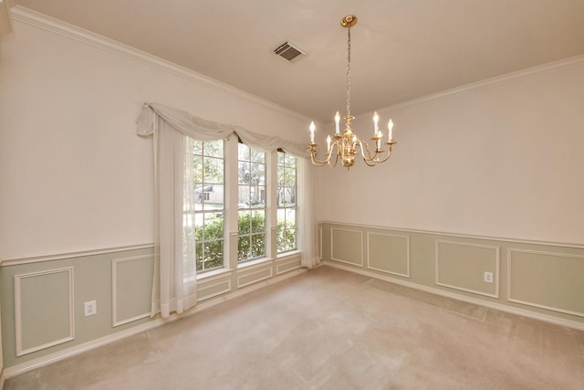 1119 Summer Brk, Sugar Land, TX 77479 - carpeted spare room with crown molding, a decorative wall, a chandelier, and wainscoting