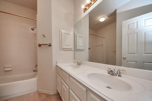 1119 Summer Brk, Sugar Land, TX 77479 - full bathroom featuring shower / bath combo with shower curtain, double vanity, tile patterned flooring, and baseboards